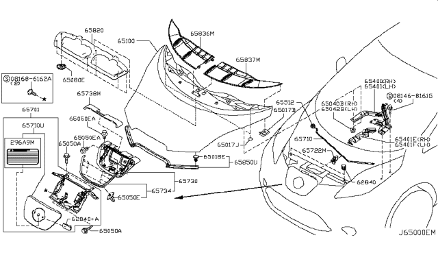 2012 Nissan Leaf Hood Panel,Hinge & Fitting Diagram 1