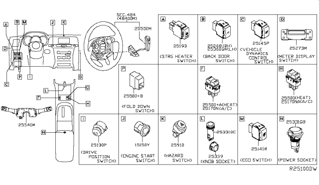 2016 Nissan Murano Switch Assy-Ignition Diagram for 25150-5BE0A