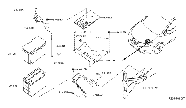 2016 Nissan Murano Hybrid Battery & Battery Mounting Diagram 1