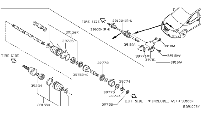 2016 Nissan Murano Shaft Assy-Front Drive,RH Diagram for 39100-5AF0A