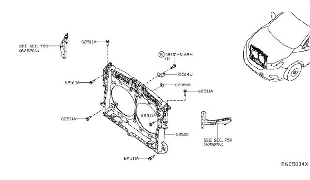 2016 Nissan Murano Support Assembly - Radiator Core Diagram for 62500-5AA1A