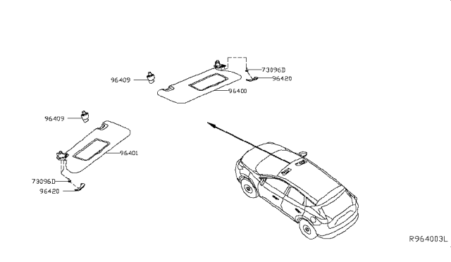 2016 Nissan Murano Left Sun Visor Assembly Diagram for 96401-5AA0B