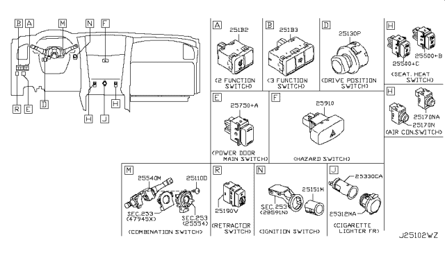 2018 Nissan Armada Switch Assy-2 Functions Diagram for 251B2-6JD0B
