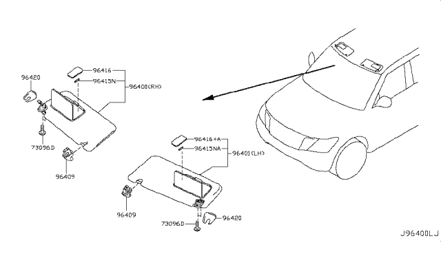 2019 Nissan Armada Driver Side Sun Visor Assembly Diagram for 96401-1A63A