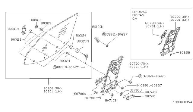 1990 Nissan 240SX Regulator Door Window LH Diagram for 80721-37F00