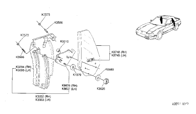 1994 Nissan 240SX Mount Assembly Quarter Window RH Diagram for K7016-6X101