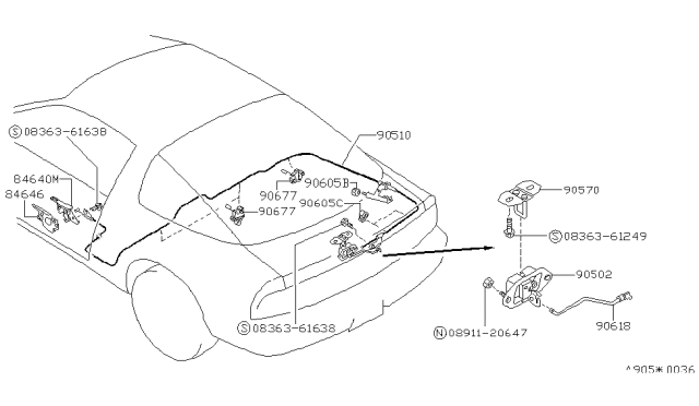 1990 Nissan 240SX Cable-Trunk Lid&Gas Filler Opener Diagram for 90510-40F00