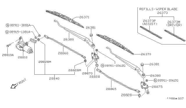 1992 Nissan 240SX Windshield Wiper Arm Assembly Diagram for 28881-40F05