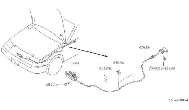 1989 Nissan 240SX Cable Assembly-Hood Lock Diagram for 65620-35F00