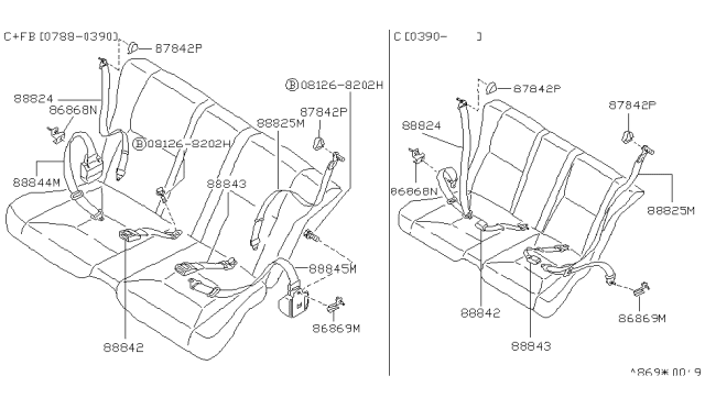 1994 Nissan 240SX Rear Seat Tongue Belt Assembly Left Diagram for 88845-53F70