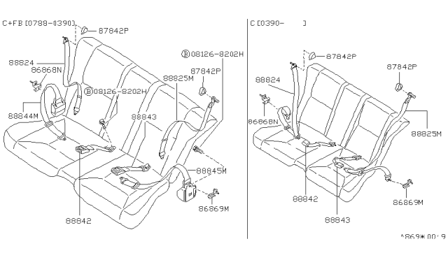 1990 Nissan 240SX Rear Seat Tongue Belt Assembly, Right Diagram for 88844-53F00