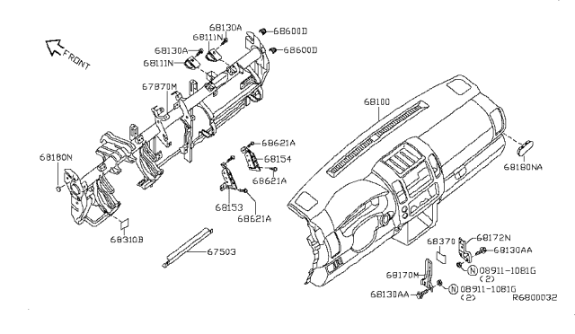 2013 Nissan Xterra Instrument Panel,Pad & Cluster Lid Diagram 1