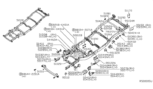 2015 Nissan Xterra Bracket Assembly Cab Mounting, 5TH R Diagram for 95150-EA530
