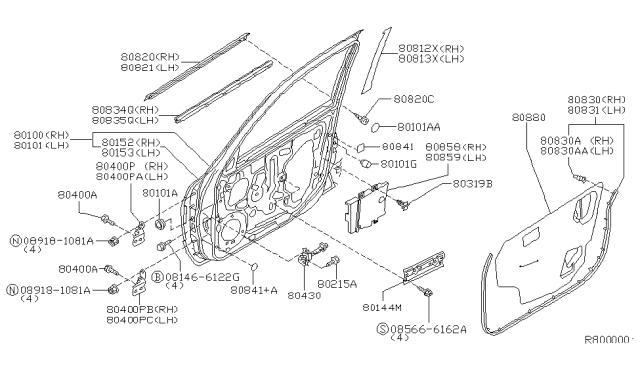 2000 Nissan Sentra Front Door Panel & Fitting Diagram