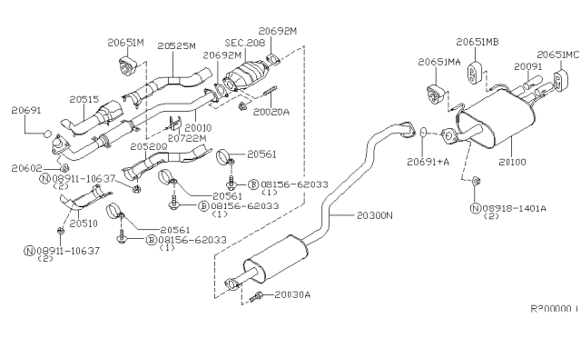 2000 Nissan Sentra Front Exhaust Tube Assembly Diagram for 20010-4M820