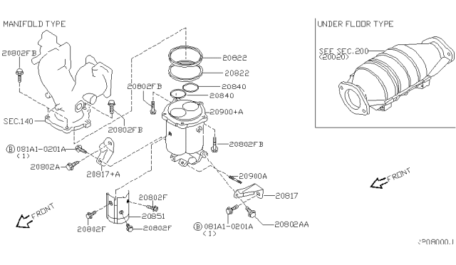 2004 Nissan Sentra Catalytic Converter Assembly Diagram for 208A0-6Z625