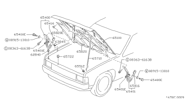 1992 Nissan Hardbody Pickup (D21) Hood Panel,Hinge & Fitting Diagram 1