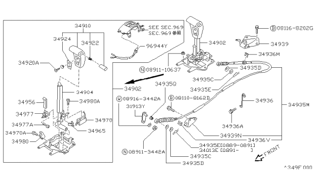 1993 Nissan Hardbody Pickup (D21) Knob-Release Lever Diagram for 34956-85G70