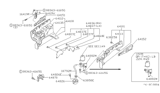 1994 Nissan Hardbody Pickup (D21) Hood Ledge & Fitting Diagram