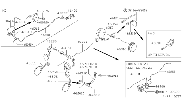 1990 Nissan Hardbody Pickup (D21) Brake Piping & Control Diagram 2