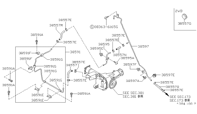 1994 Nissan Hardbody Pickup (D21) Tube Assembly-BREATHER Front Differential Diagram for 38591-31G11