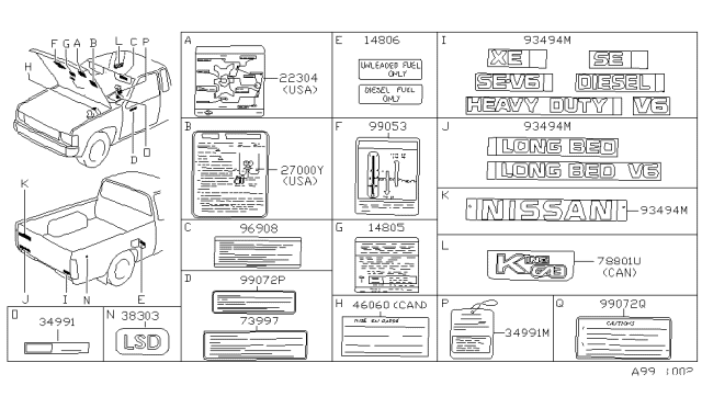 1991 Nissan Hardbody Pickup (D21) Rear Gate Caution Label Gray Diagram for 93496-09G11