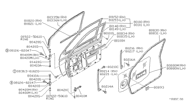 1994 Nissan Hardbody Pickup (D21) WEATHERSTRIP Front Door RH Diagram for 80830-73P00
