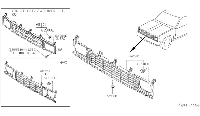 1990 Nissan Hardbody Pickup (D21) Grille Assembly Radiator Diagram for 62310-01G01