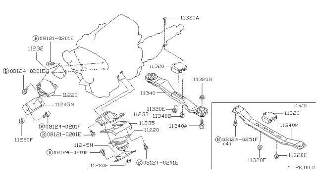 1994 Nissan Hardbody Pickup (D21) Engine Mount Member Assembly, Rear Diagram for 11310-75P00