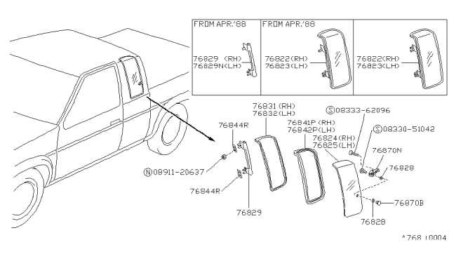 1990 Nissan Hardbody Pickup (D21) Side Window Diagram