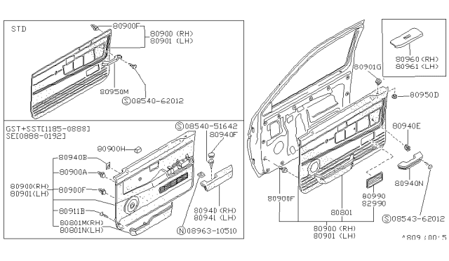 1989 Nissan Hardbody Pickup (D21) LH Charcoal Door Trim Panel Diagram for 80901-01G75