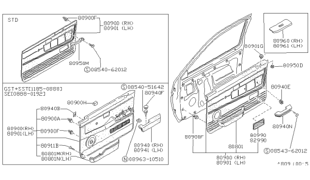 1989 Nissan Hardbody Pickup (D21) FINISHER Assembly Front Door LH GRY Diagram for 80901-42G10