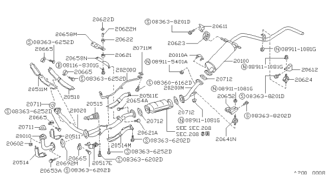 1987 Nissan Hardbody Pickup (D21) Exhaust Tube & Muffler Diagram 1