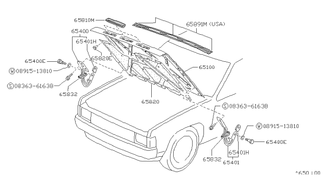 1986 Nissan Hardbody Pickup (D21) Grille Hood Top Diagram for 65860-01G01