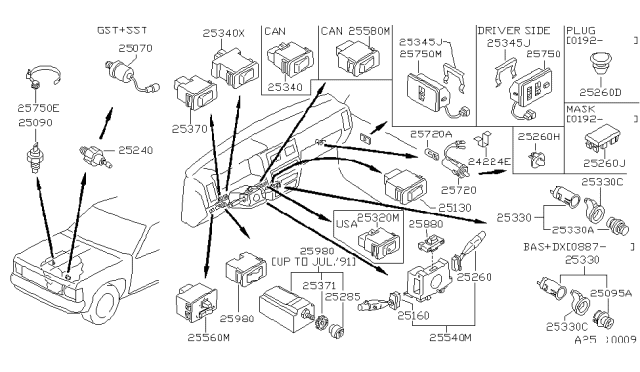 1993 Nissan Hardbody Pickup (D21) Switch Assy-Combination Diagram for 25560-75P24