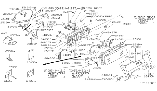 1993 Nissan Hardbody Pickup (D21) Speedometer Head Diagram for 24820-75P03