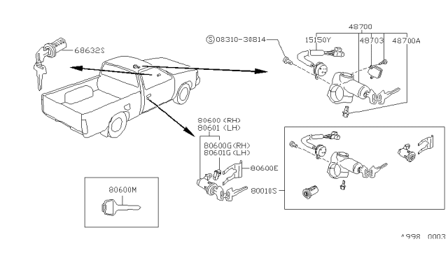 1993 Nissan Hardbody Pickup (D21) Key Set-Cylinder Lock Diagram for K9810-75P05