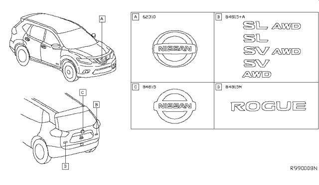 2019 Nissan Rogue US Make Emblem & Name Label Diagram 1
