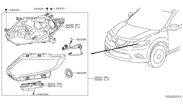 2016 Nissan Rogue Headlamp Housing Assembly, Passenger Side Diagram for 26025-4BA0A