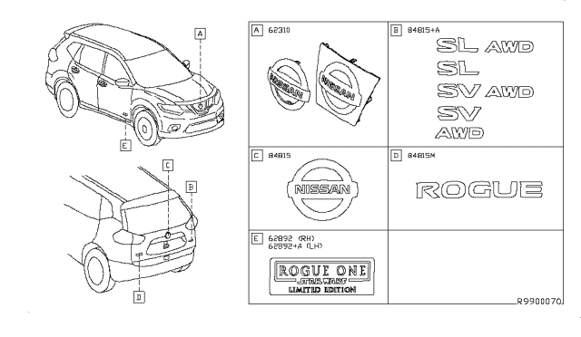 2016 Nissan Rogue Emblem & Name Label Diagram 1