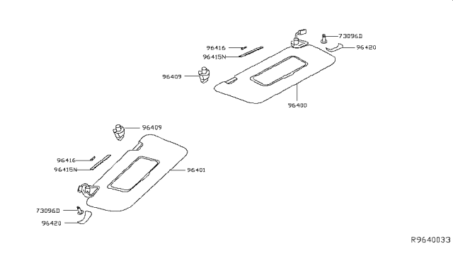 2018 Nissan Rogue Left Sun Visor Assembly Diagram for 96401-4BA3E