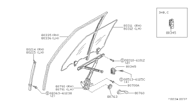 1986 Nissan Pulsar NX Rubber Glass RH Diagram for 80330-08M00