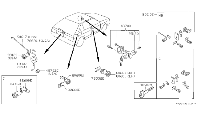 1984 Nissan Pulsar NX Key Set & Blank Key Diagram