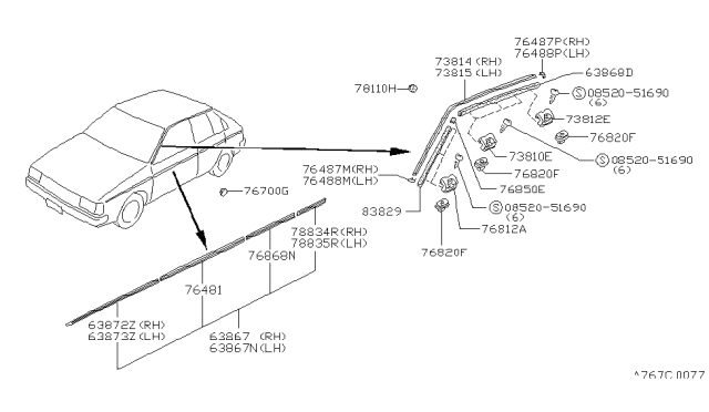 1983 Nissan Pulsar NX End Rubber Drip Diagram for 76838-31M00