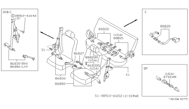 1983 Nissan Pulsar NX Rear Seat Belt Set, 2Point Right Brown Diagram for 88820-14A00