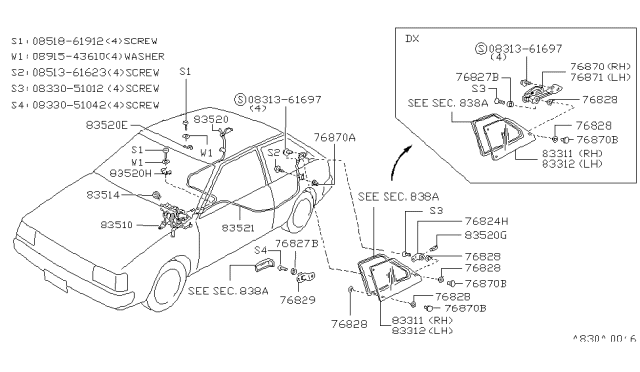 1985 Nissan Pulsar NX Glass Window RH Side Diagram for 83310-37M01