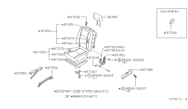 1983 Nissan Pulsar NX Seat Front LH Brown Diagram for 87050-29M10