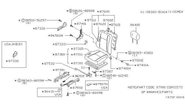 1983 Nissan Pulsar NX FINISHER Seat Diagram for 87330-05A03