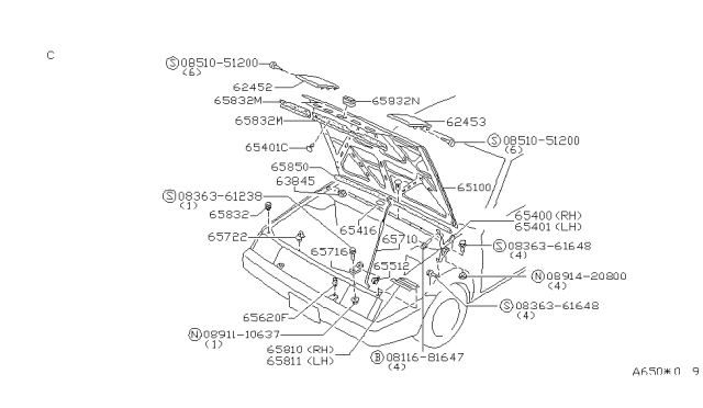 1986 Nissan Pulsar NX Hood Panel,Hinge & Fitting Diagram 1