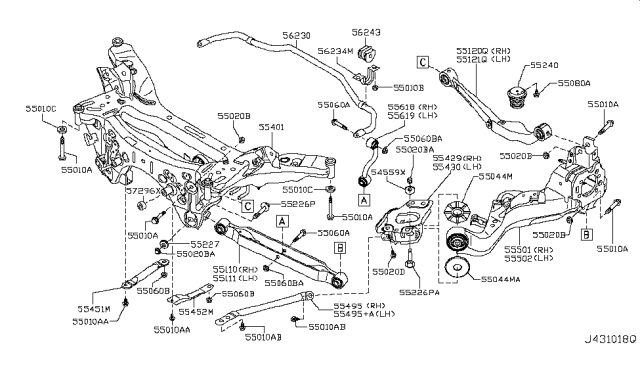 2010 Nissan Rogue Member Rear Suspension Diagram for 55401-1YA0A